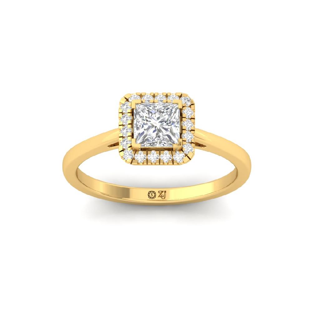 Princess & Round Halo Solitaire CVD-Lab Grown Diamond sliver & Gold Ring