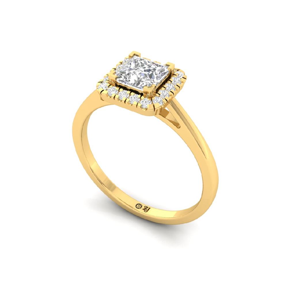 Princess & Round Halo Solitaire CVD-Lab Grown Diamond sliver & Gold Ring