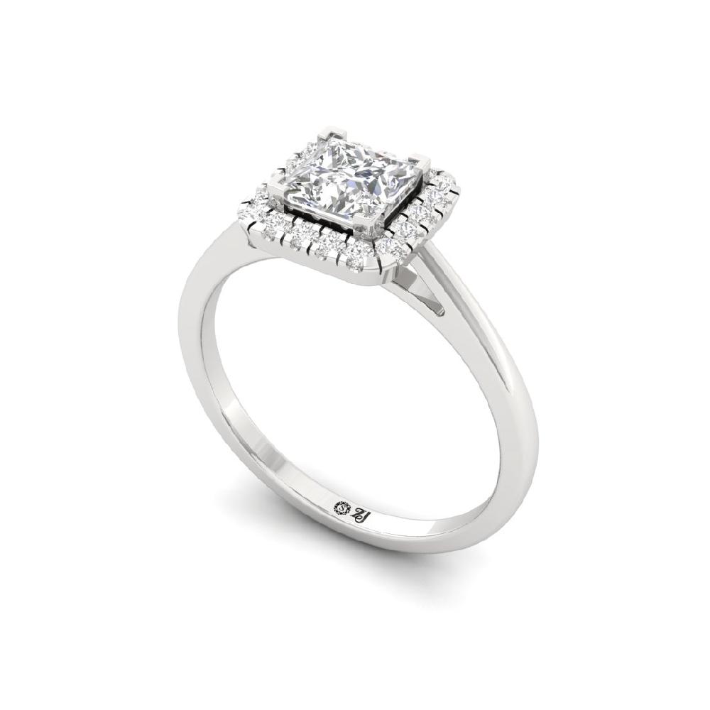 Princess & Round cut Halo Solitaire CVD-Lab Grown Diamond sliver & Gold Ring