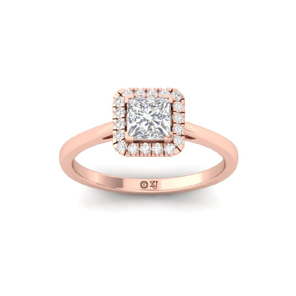 Princess & Round cut Halo Solitaire CVD-Lab Grown Diamond sliver & Gold Ring