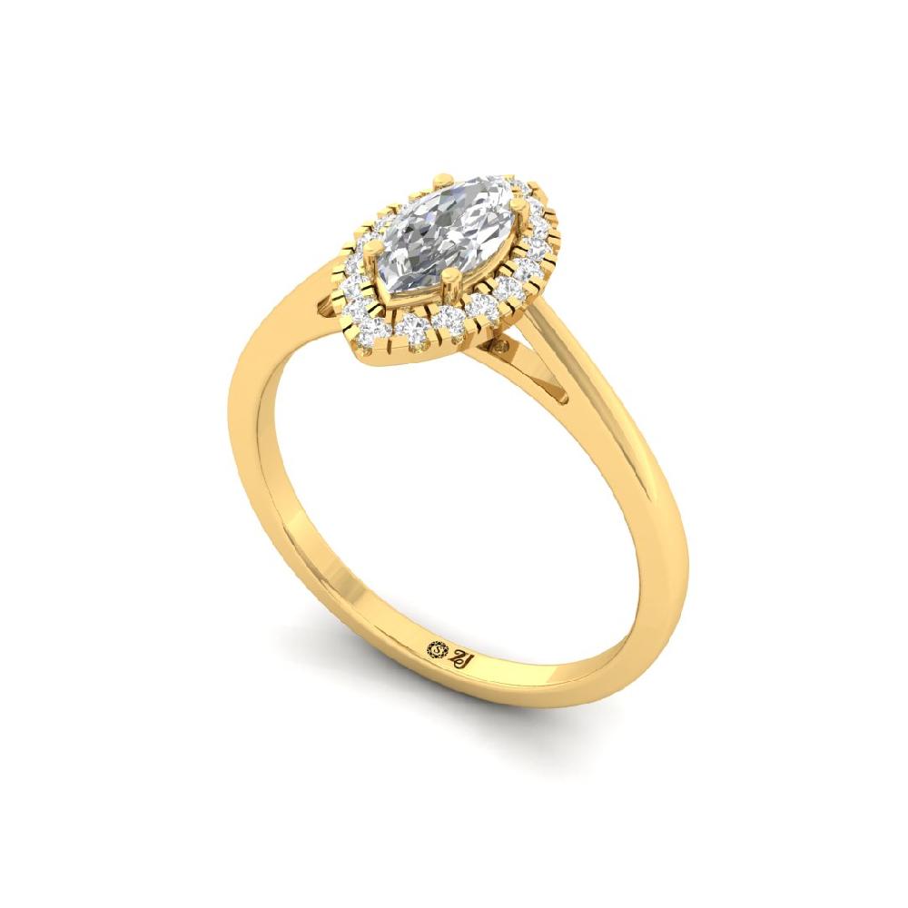 Marquise & Round Halo Solitaire CVD-Lab Grown Diamond sliver & Gold Ring