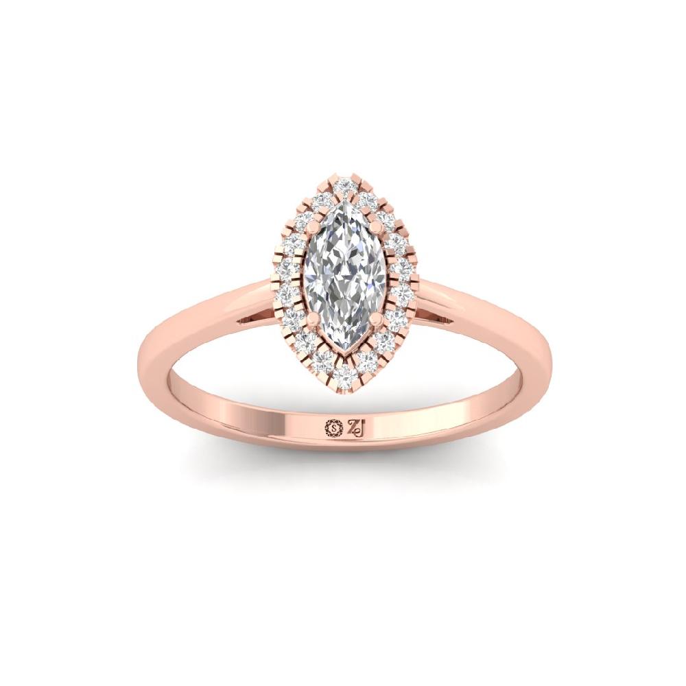 Marquise & Round Halo Solitaire CVD-Lab Grown Diamond sliver & Gold Ring