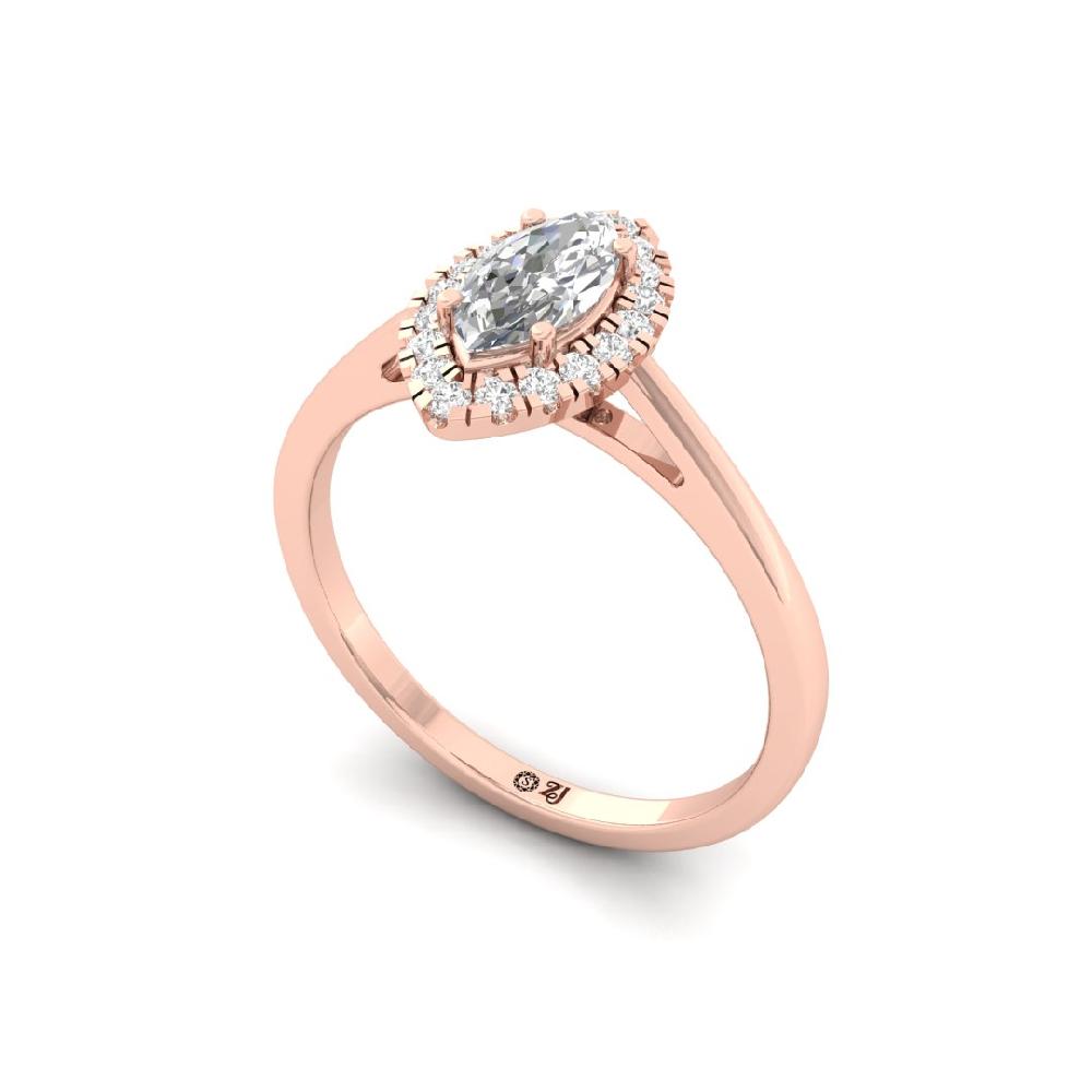 Marquise & Round Halo Solitaire CVD-Lab Grown Diamond sliver & Gold Ring