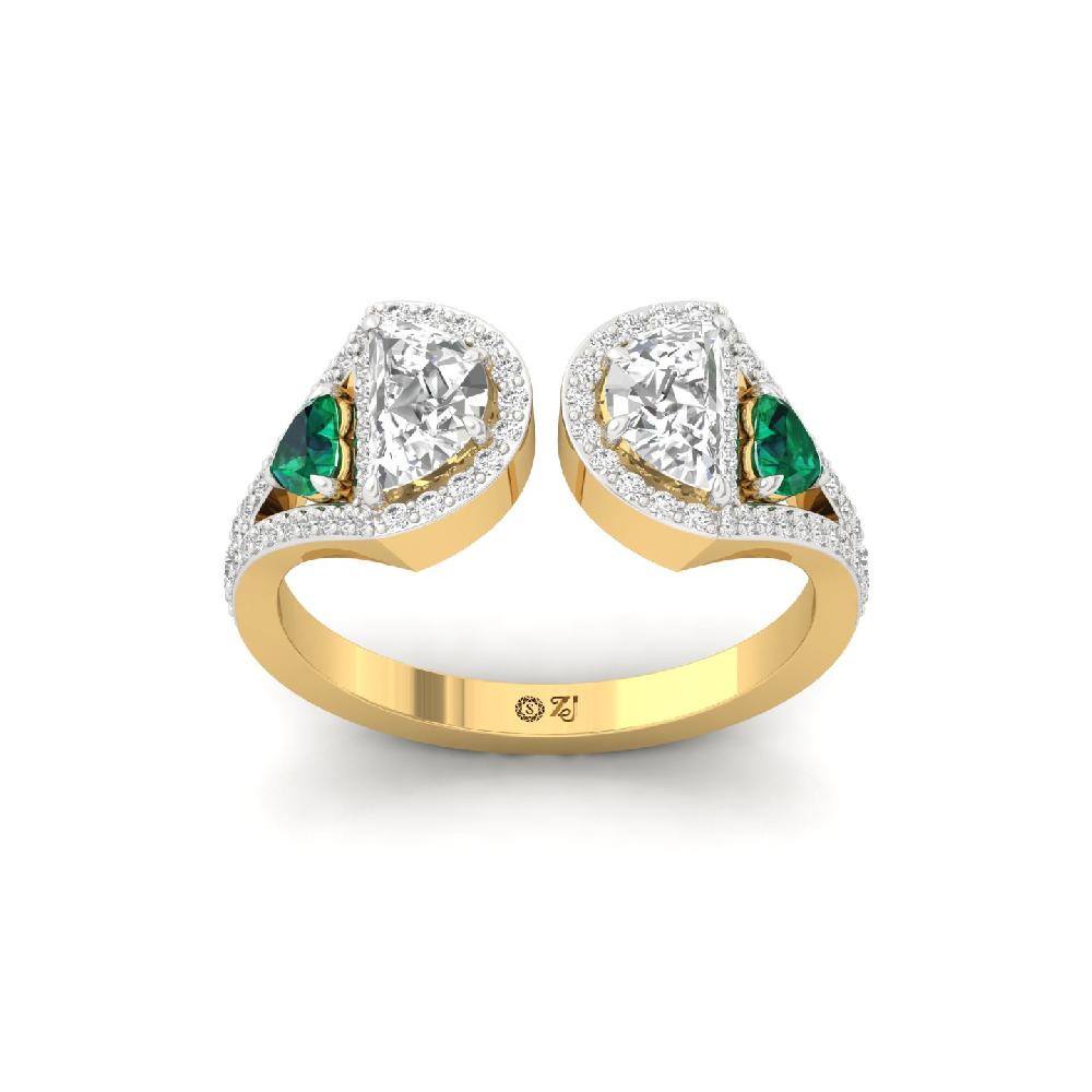 Hearts & unique Cut CVD lab grown Diamond & Green Gem Ring