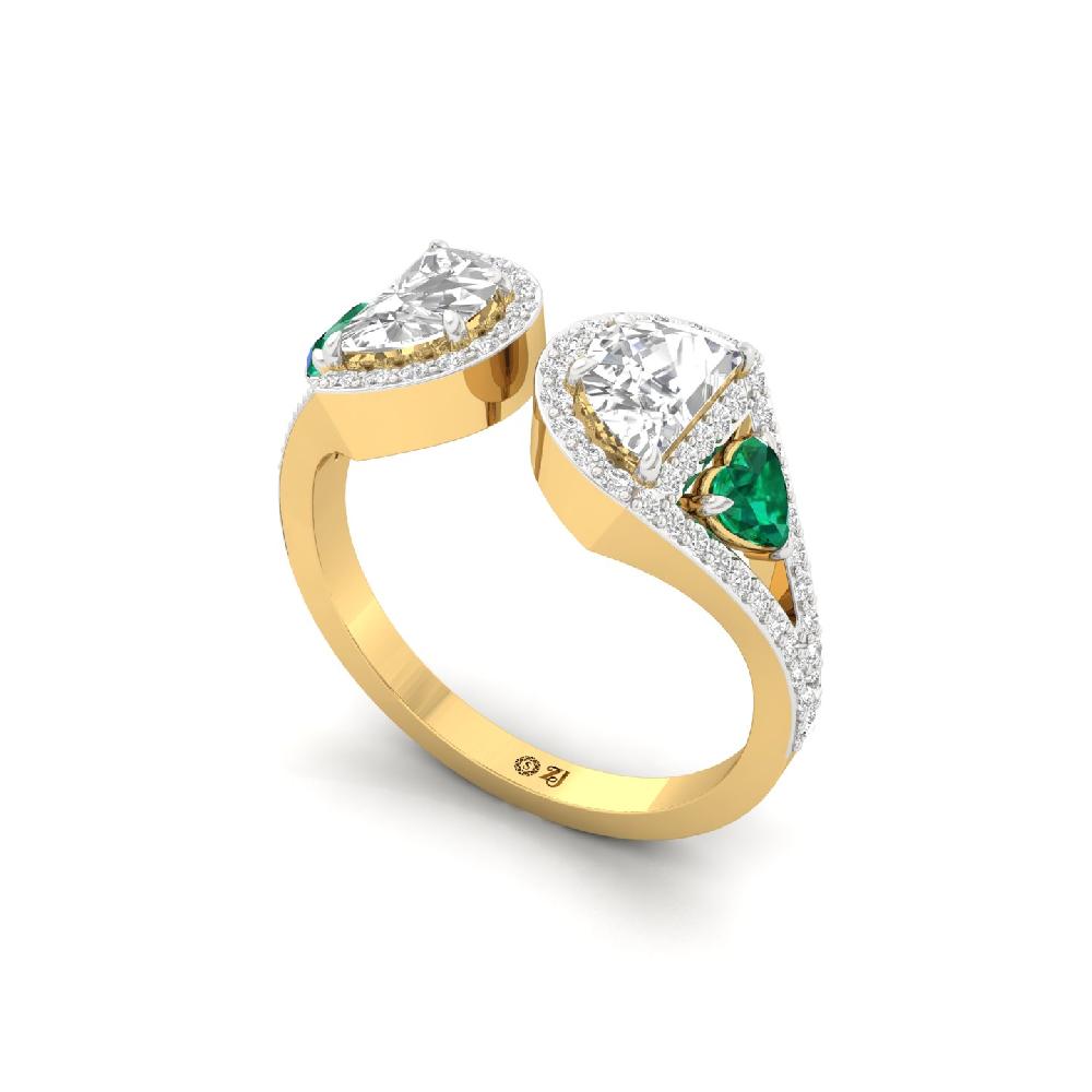 Hearts & unique Cut CVD lab grown Diamond & Green Gem Ring