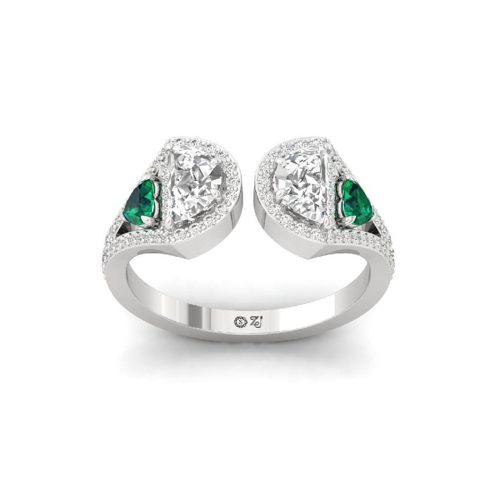 Hearts & unique Cut CVD lab grown Diamond & Green Gem Ring