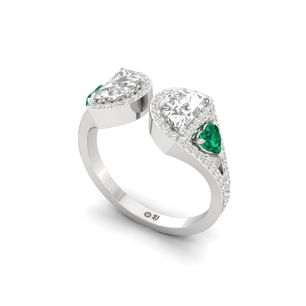 Hearts & unique Cut CVD lab grown Diamond & Green Gem Ring