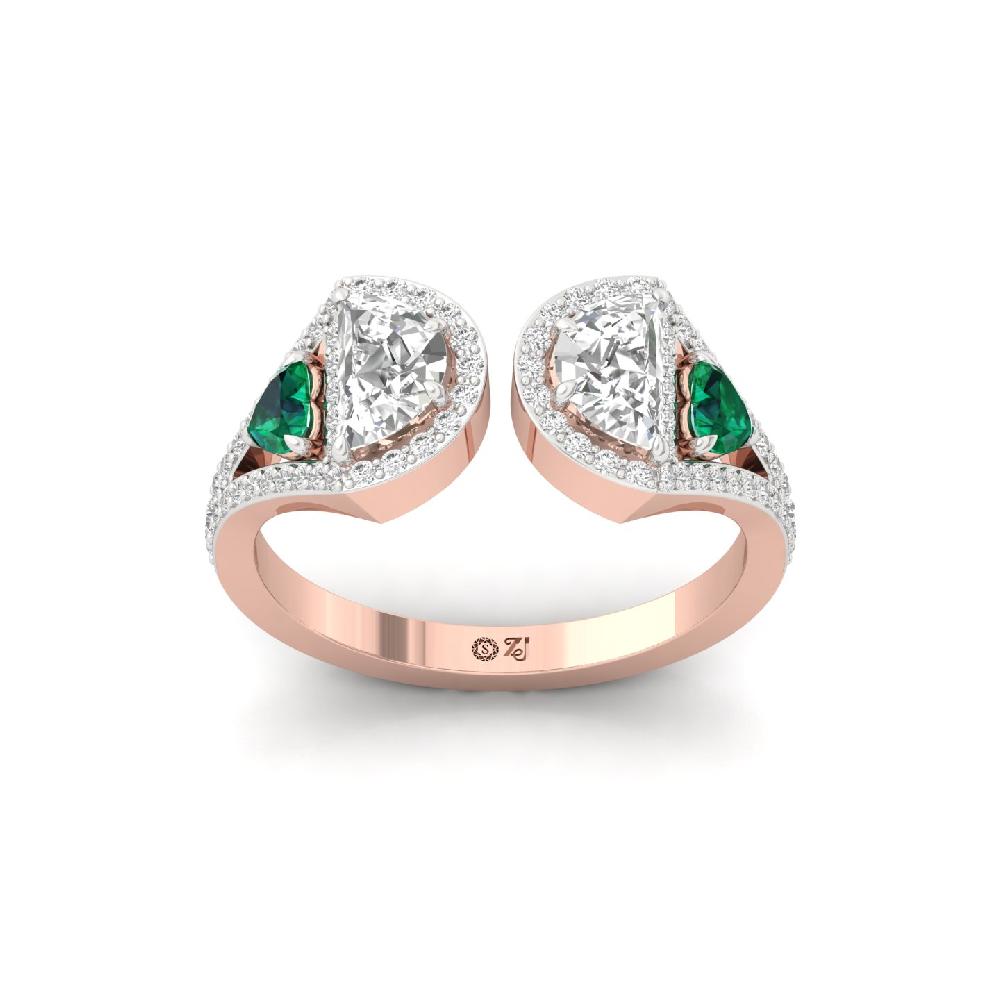 Hearts & unique Cut CVD lab grown Diamond & Green Gem Ring