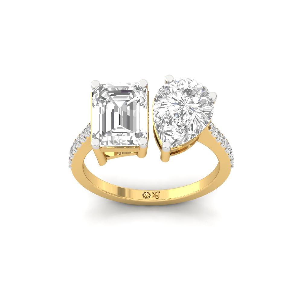 two Diamonds Emerald & Pear Cut Bypass Diamond Ring