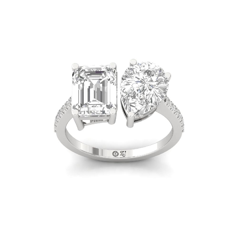 two Diamonds Emerald & Pear Cut Bypass Diamond Ring