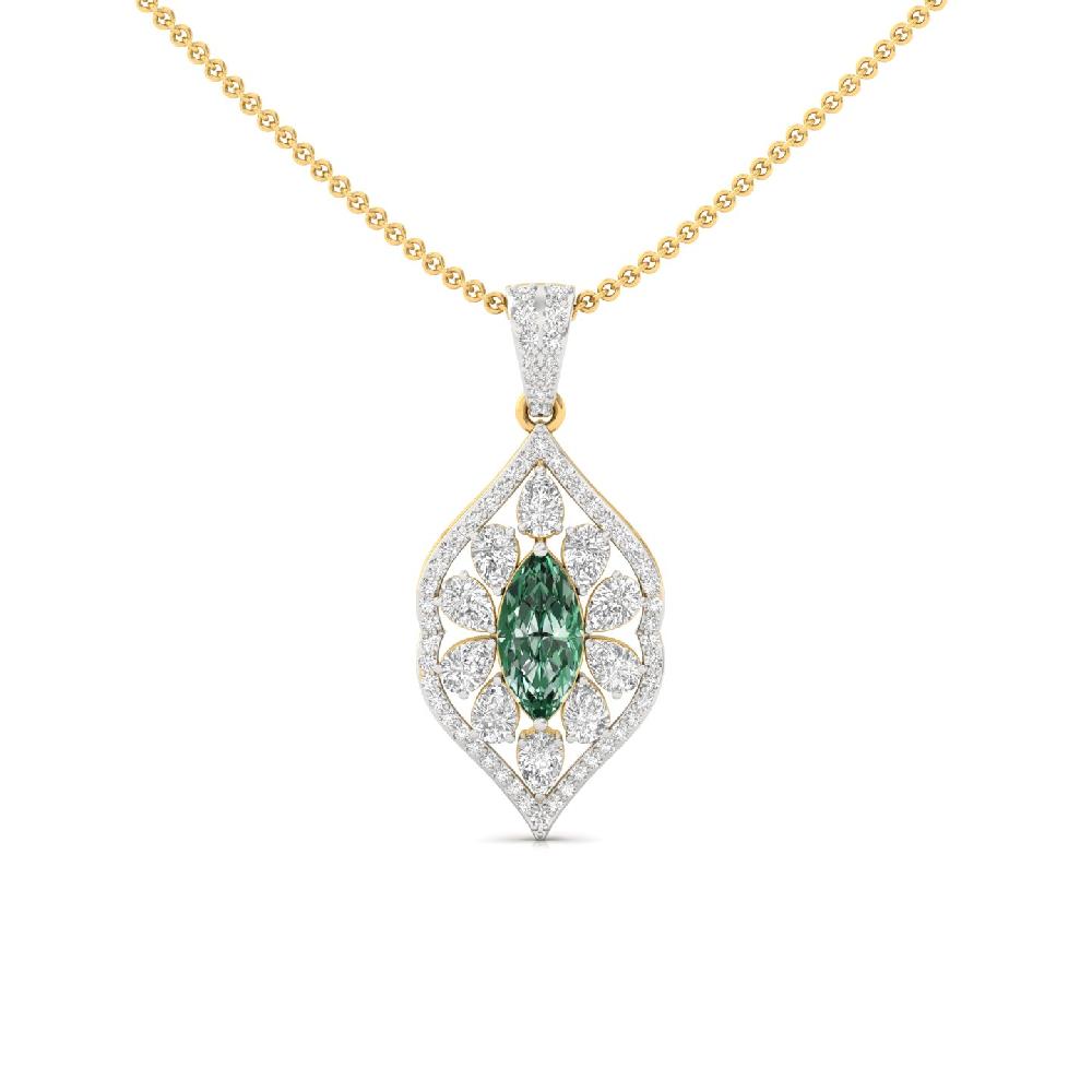 Green Marquise Diamond Leaf Pendant with CVD Pear Diamonds